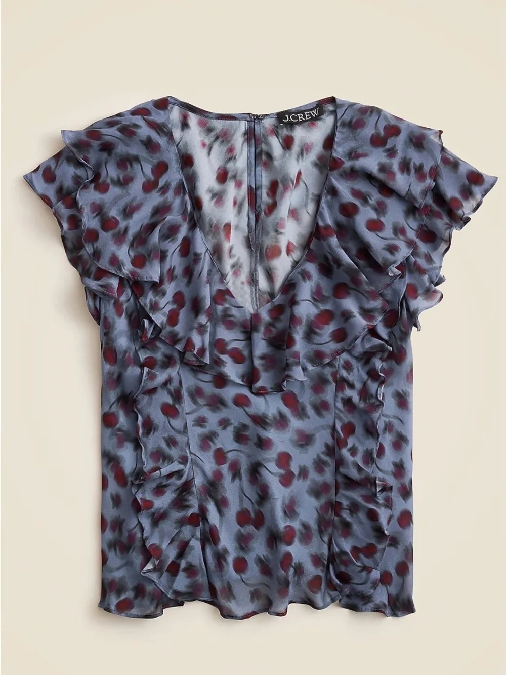 NWT J. Crew Blue Ruffle Chiffon V-Neck Blouse with Burgundy Print - XS